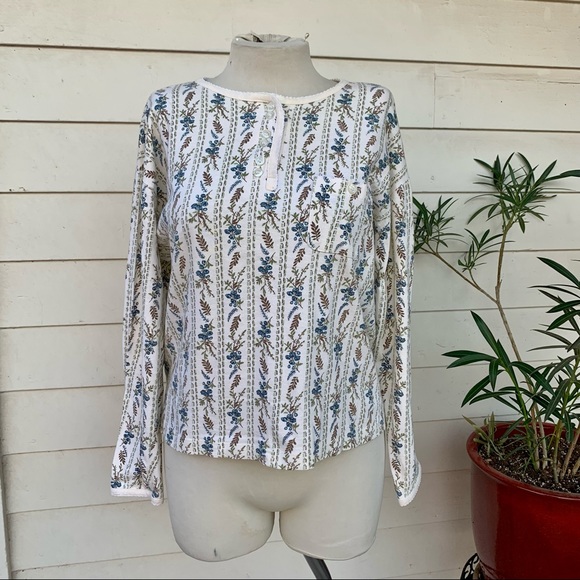 Vintage Tops - Vintage 90s Floral Thermal Henley Long Sleeve Shirt Top Button Soft Cute Croquet